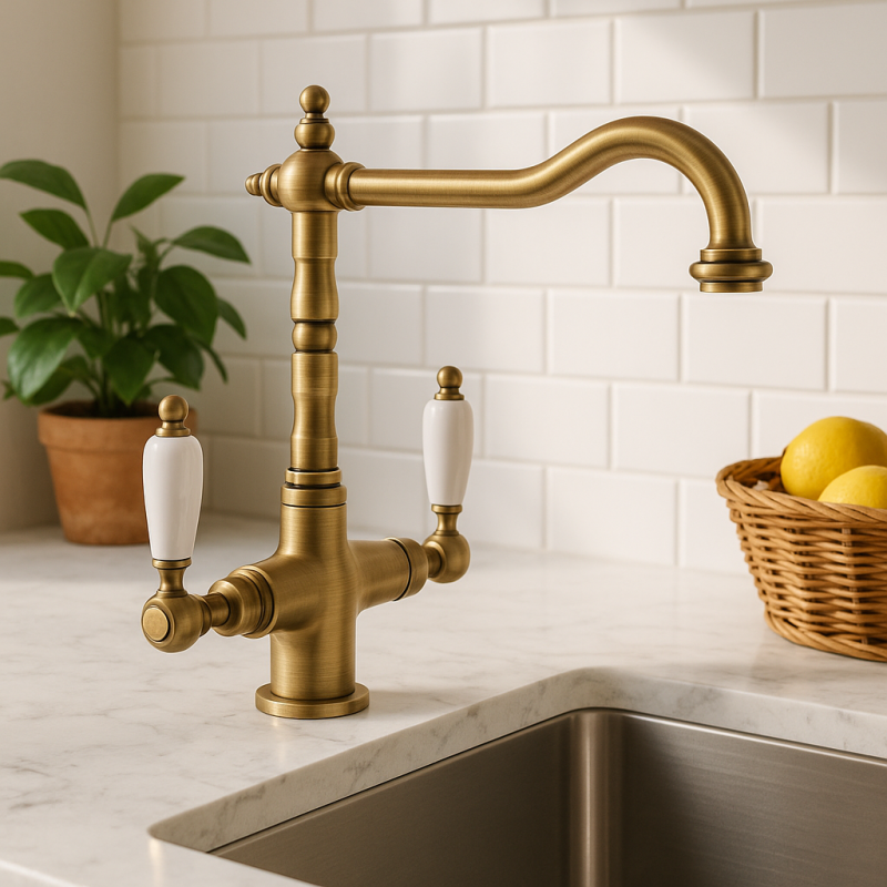 PB Nostalgic classic country kitchen tap Bronze with white handles 1208953913